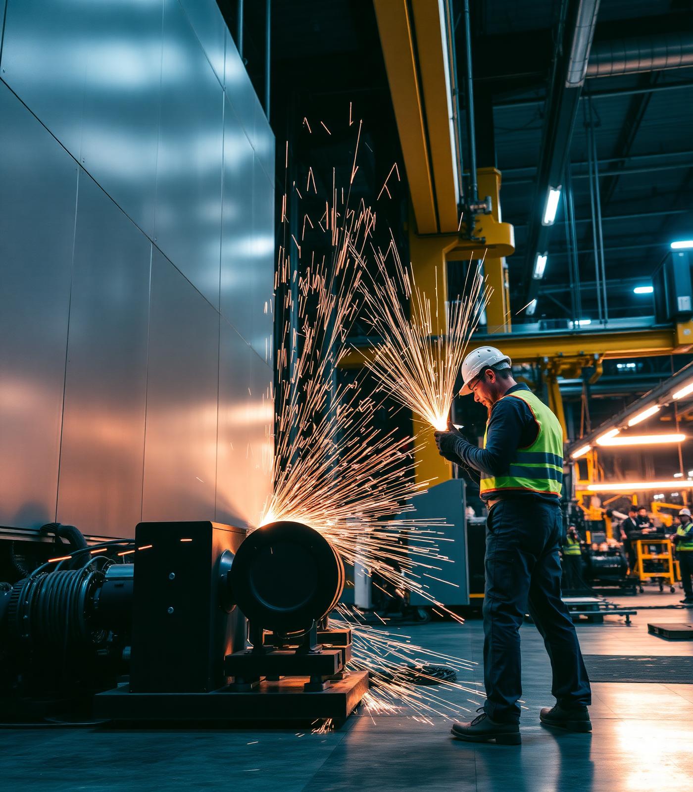 Manufacturing facility with sparks from precision fabrication