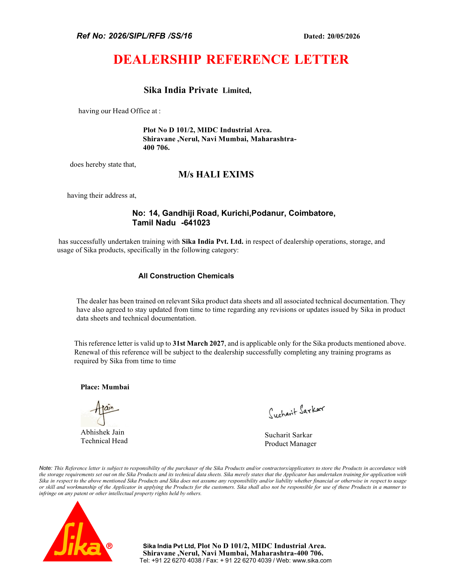 Sika India dealership reference letter — full certificate