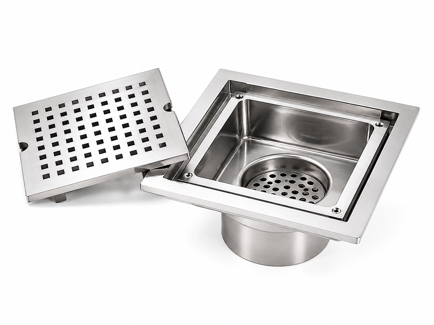 V DRAINS SS304 Clean Out Floor Drain Size: 6x6 inches Outlet:4 inches Item Code:VCO-204 Finish: Mirror
