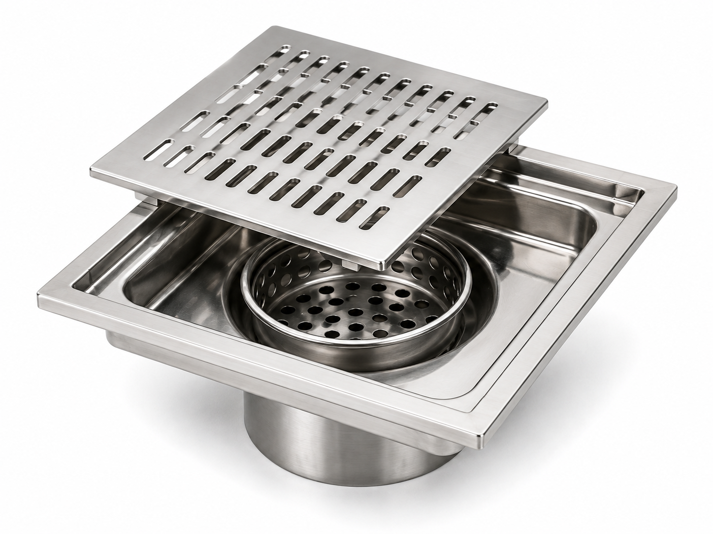V DRAINS SS304 Clean Out Floor Drain Size: 8x8 inches Outlet:4 inches Item Code:VCO-205 Finish: Mirror